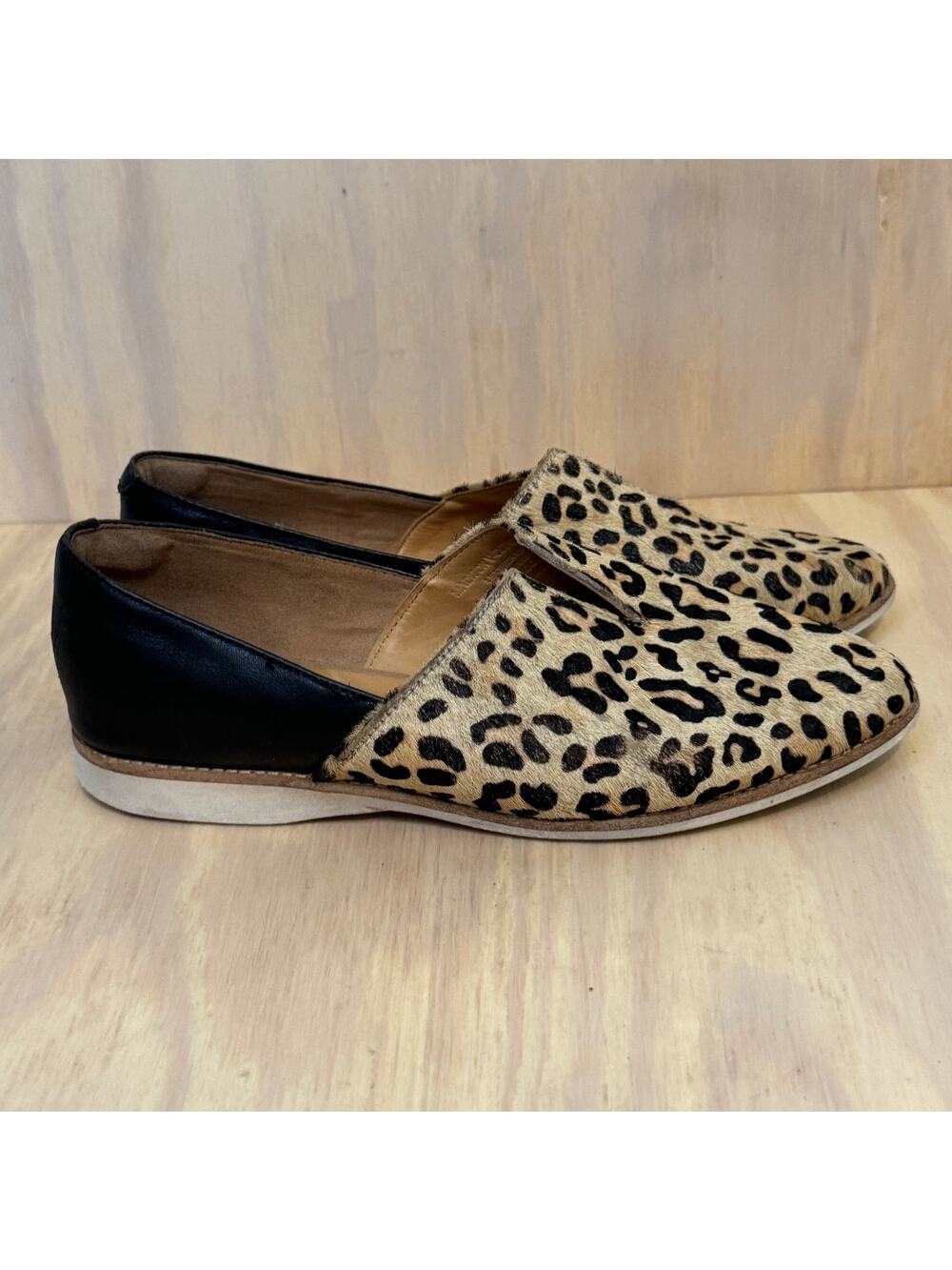 Rollie Madison V Leopard Leather Cow Hair Pointed Toe Flats Womens size 7
